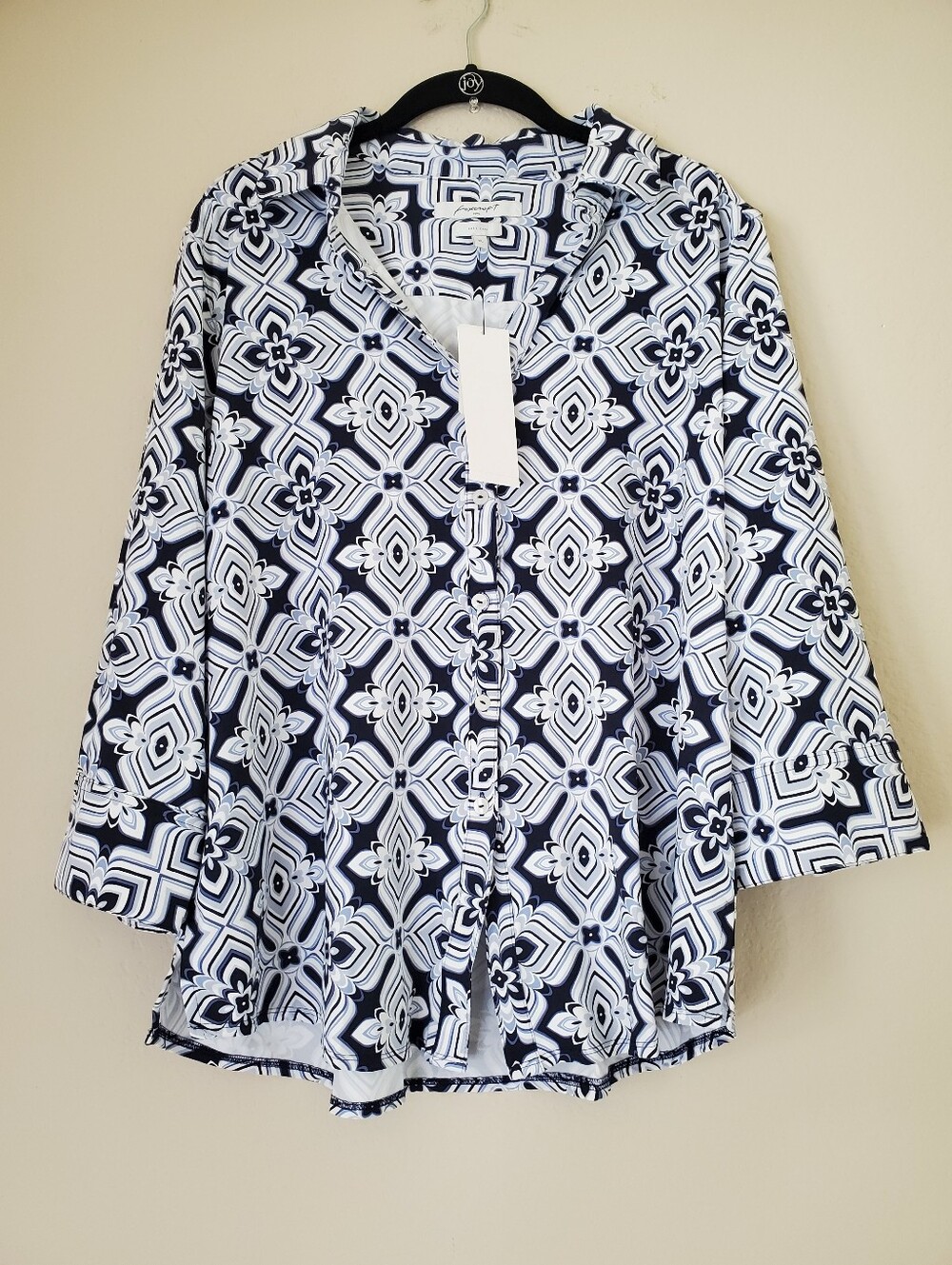 Foxcroft Mary 3/4 Sleeve Floral Jersey Blouse Size XL Blue Indigo UPF 50+